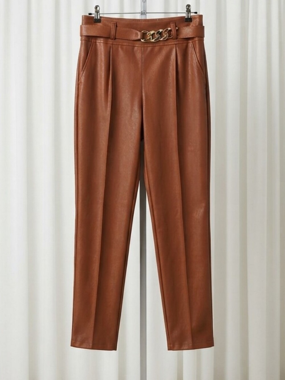 DO+BE Cognac Faux Leather High-Rise Trousers with Chain Accent